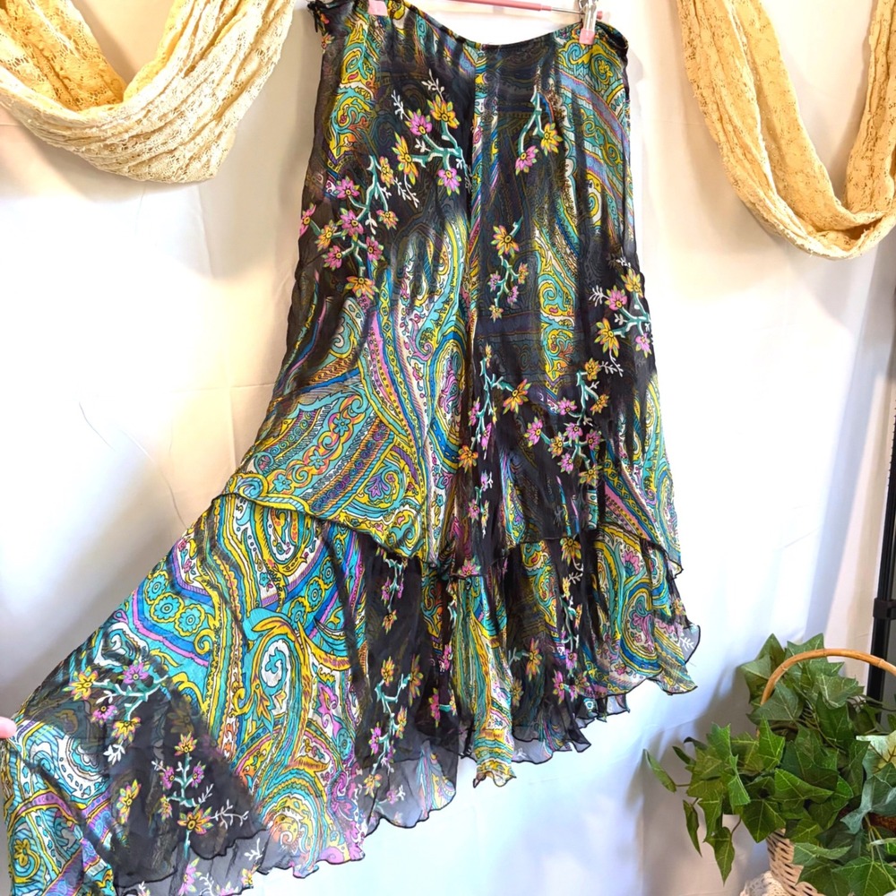 RARE Y2K Vintage Silk Paisley Tiered Asymmetrical Ruffle Midi Skirt Black